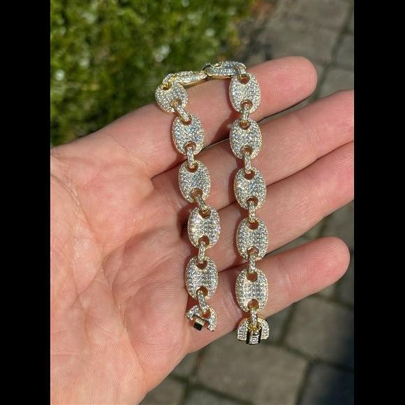 14k Gold Real 925 Sterling Silver Mens Iced Puffed Gucci Link Bracelet Diamond - Picture 8 of 9